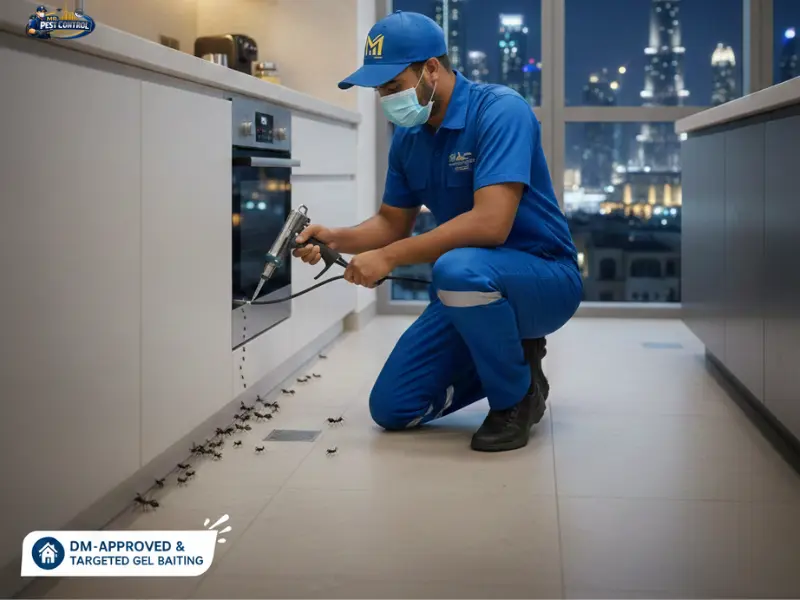 Ant Pest Control Technician applying ant perimeter barrier in a Dubai villa garden