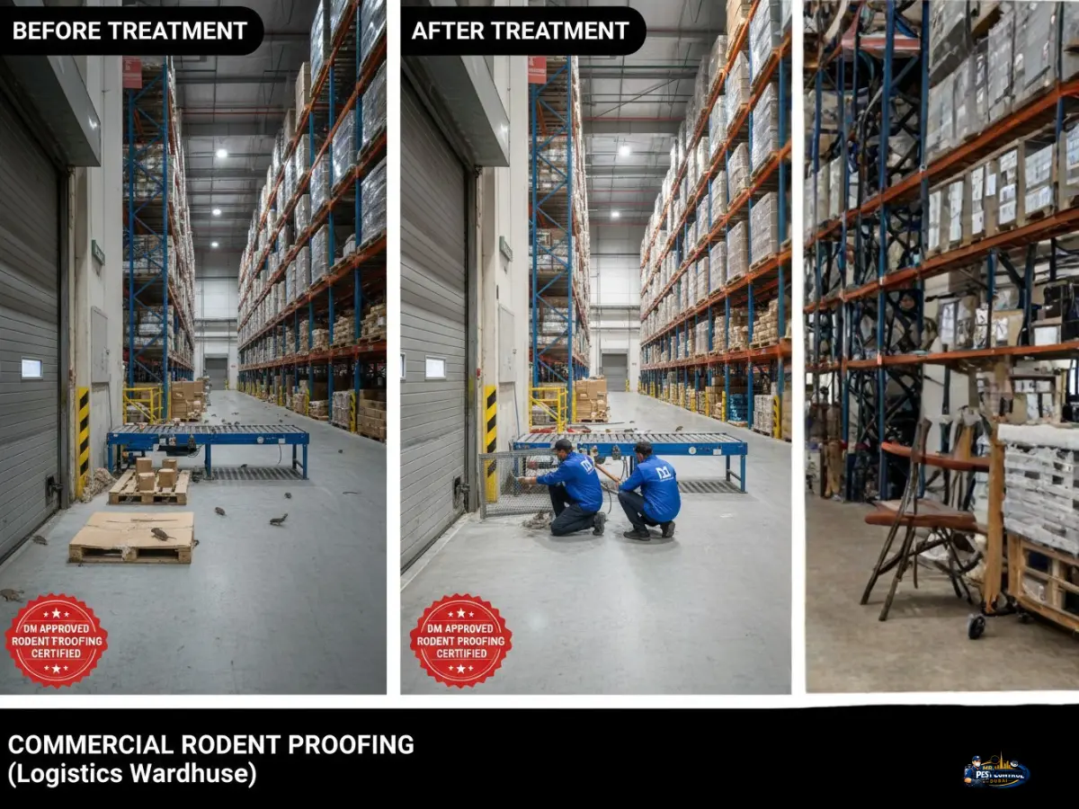 Before and after rodent proofing and bait station installation in Jafza warehouse