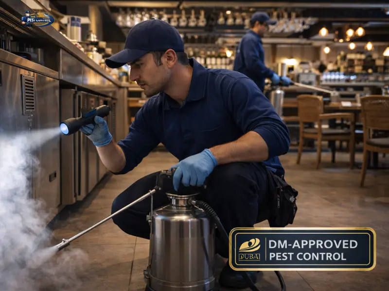 DM-compliant pest treatment in a Dubai cafe kitchen
