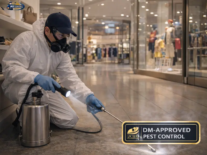 Discreet pest management service being performed in a Dubai retail store